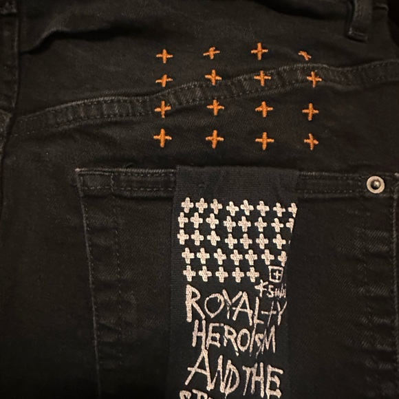 Black Jeans with Orange and White Embroidery